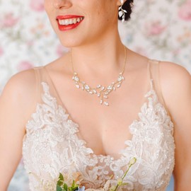 Crysdue Wedding Bridal Jewelry Set for Women, Gold Plated Filigree Marquise Teardrop Cubic Zirconia Necklace Dangle Earrings for Bride Bridesmaid