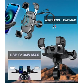 iMESTOU Motorcycle Wireless USB C Charger Phone Mount with Detachable SAE-O Ring Wire, Fits for 5.5"-7.2" Phones with Thickness Up to 15mm, Width ＜93mm, Works with 12-24V Motorcycles