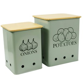Kitchen Vegetable Storage Tins Set of 2 for Potatoes, Onion, with wooden lid Garlic Bin Caddy, Long Shelf Life-Grayish Green
