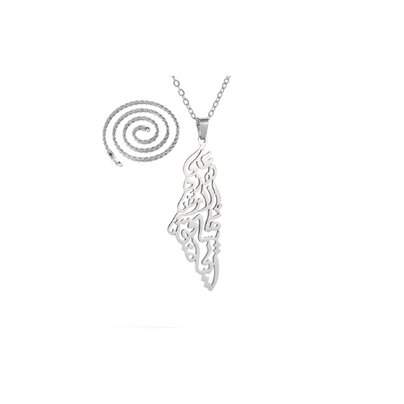 Palestine Map Pendant Necklace, Stainless Steel Chain, Silver Tone
