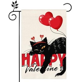 Cat Rose Red Love Heart Garden Flag 12x18 inch Double Burlap Home Holiday Decoration Outdoor Yard Flag -B