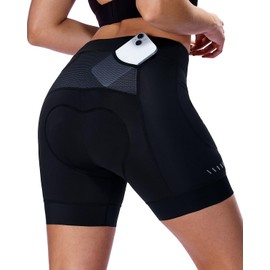 Sportneer Women's Cycling Shorts - 4D Anti-Chafing Padded Liner, 3 Secure Pockets & Breathable Quick-Dry Fabric for Long-Distance Rides, Mountain Biking, Spin Class Black