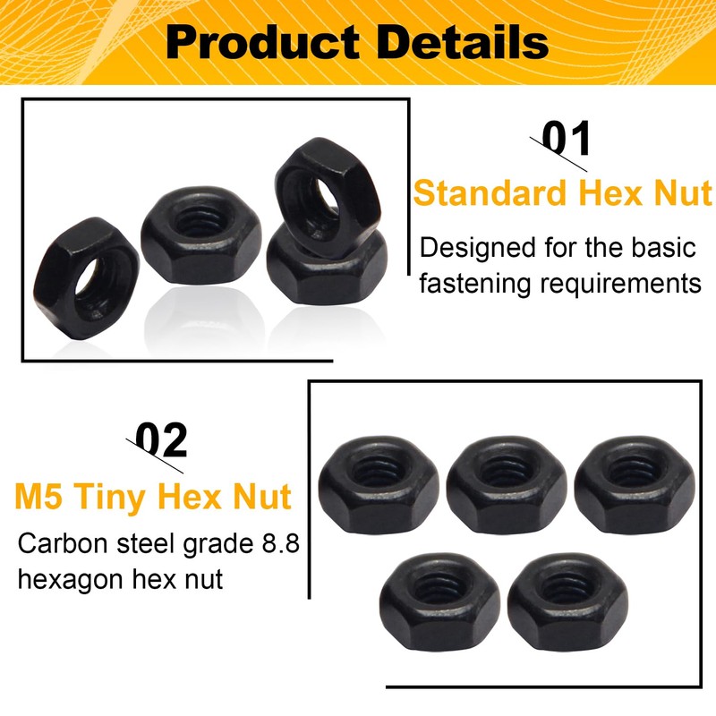 100pcs M5-0.8 Hex Nuts, Carbon Steel, Black Oxide, M5 x