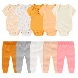 MAMIMAKA 10-Piece Baby Girls Clothes Set Cotton Baby Short Sleeve Bodysuit Pant Set, 9-12 Months