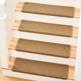 MBIGM Bullnose Non-Slip Stair Treads w/Reusable Adhesive (4 Pack) 9.5" x 30" Wooden Steps Protection - TPU Backing w/Steel Reinforcement - Anti-Slip Solution -Knitted Camel - Stair Tread Covers