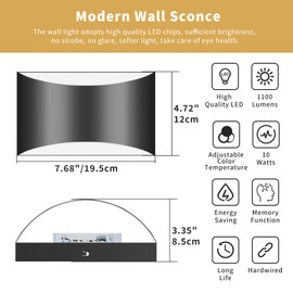 TingMiao Black Modern LED Wall Sconce, Hardwired Wall Sconces Set of 2, 3 Colors Indoor Wall Lamp, 10W Up and Down Aluminum Wall Mount Light for Bedroom Living Room Hallway Corridor (Black, 2 Pack)