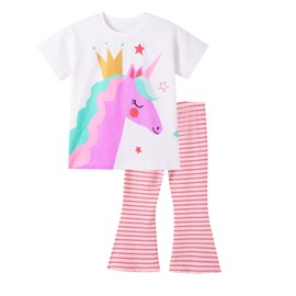HILEELANG Little Girl Summer Spring Easter Outfits Sets Cotton White Unicorn Short Sleeve Tee Shirts Stripe Legging Playwear Clothing Sets Size 7