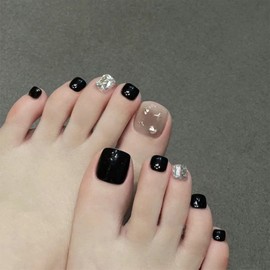 Toe Nail Press ons, Short Press on Toenails for Women Square Glossy Black Fake Toenails with silver powder rhinestone Luxury Star Design Fake Toe nails Manicure Bling Toenail Press on nails 24Pcs
