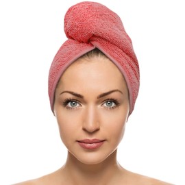 FAB-ON UK Hair Dry Towel 100% Cotton Turban Style Instant Drying Quick Absorbent Lightweight Button & Loop Closure One Size Hair Dry Cap For Curly Long Hair 64x24 CM