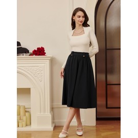 Belle Poque Women Flowy Skirt Below Knee for Office Work Going Out Retro Elastic Waisted A Line Midi Skirt Black L