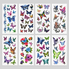 Oottati 8 Sheets Old fashion Fake Waterproof Temporary Tattoo Colorful Green Blue Red Butterflies