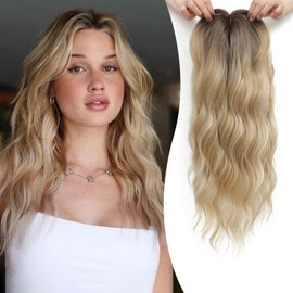 MORICHY Hair Toppers for Women 20inch Long Wavy Hair Toppers Hair Pieces for Women Synthetic Wiglets Hair Topper with Bangs Clip in Hair Toppers for Thinning Hair Buttery Blonde with Highlights