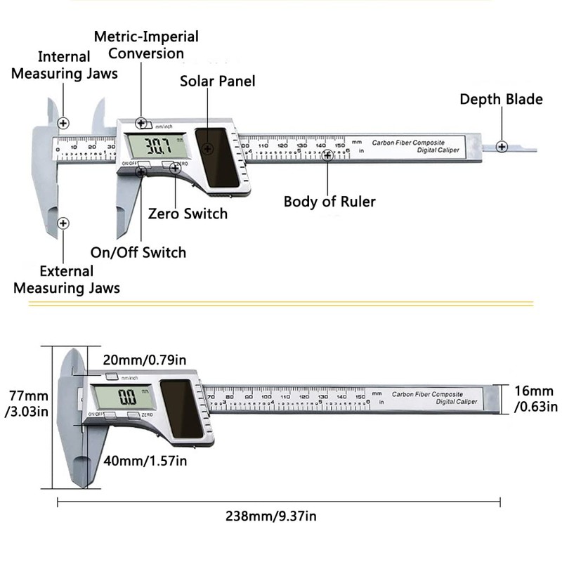 Solar Power Digital Caliper, Digital Vernier Caliper, 0-150mm / 0-6"