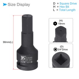 CoCud Impact Hex Bit Socket, 19mm Hex Bit 3/4" Square Drive 98mm Length, CR-MO Chamfer Design Pin Hole Metric Hex Socket - (Applications: for Automotive Electric Repair)