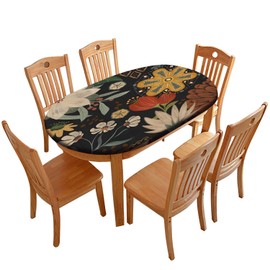 QUCDECIS Boho Oval Elastic Fitted Tablecloths, Floral Elastic Edge Table Cover, for Fall Outdoor Picnic Patio Party or Indoor Dinner Use, Fits Oval 48" x 68"Table