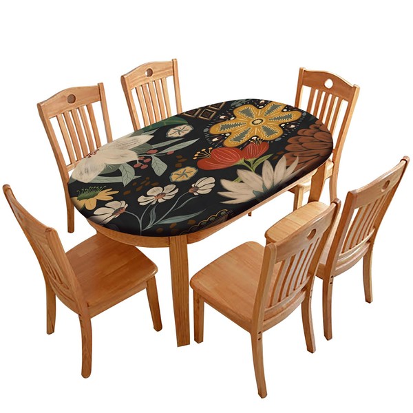 QUCDECIS Boho Oval Elastic Fitted Tablecloths, Floral Elastic Edge Table