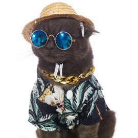 Impoosy Hawaiian Dog T Shirts Pet Summer Clothes Cat Sunglasses Funny Straw Hat Kitten Costumes with Gold Chain Collar (Medium,Black)