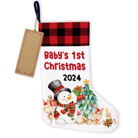 GOLSOO Baby’s 1st Burlap Christmas Stocking 2024 Red Buffalo Plaid Snowman Baby’s First Steps Newborn Christmas Stocking Hanging Xmas Decor Gifts for Fireplace Home 18 x 12 x 7.5 Inches