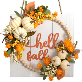 Idyllic Hello Fall Sign Wreath for Front Door, Pumpkin and Berries Wooden Square Wreath for Farmhouse Wall Outdoor Indoor/Outdoor Harvest Thanksgiving & Fall Season Hanging Wall Decor