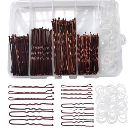 300pcs Bobby Pins Kit, Brown 100 Hair Pins for Women, 100 U Shaped Hair Pins for Buns, 100 Hair Bands with Box, hair bun pins, strong hair grips for women, 2inch, 2.36inch, 2.75inch