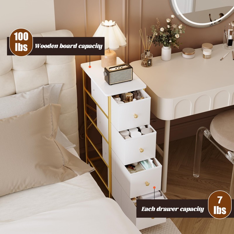 Narrow Storage Cabinet, Narrow Nightstand Dresser with 4 Drawers