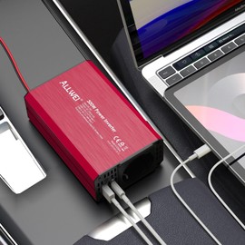 ALLWEI 300W Spannungswandler 12V 230V Wechselrichter mit Typ-C & USB Anschluss - für Auto, Wohnwagen, Camping, Laden von Handys, Laptops und Anderen Geräten (Rot)