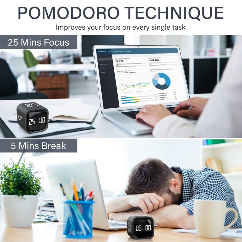 Rotating Pomodoro Timer 5, 25, 10 50 Minutes Preset, Desk