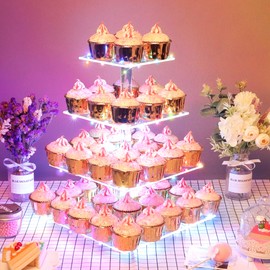 Cupcake Stand for 50 pcs Cupcakes, Tiered Cupcake Tower, 4 -Tier Cupcake Display Stand with Colorful Led Light, Acrylic Cupcake Holder for Bar Party Décor Wedding Birthday Christmas