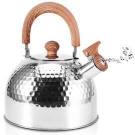 Kettle 2L Stainless Steel with Wooden Handle, Hammered Whistling Kettle with Flute Function, Portable Teapot for Induction Gas Stove Outdoor Kitchen, Stainless Steel Stove Kettle Camping Whistling