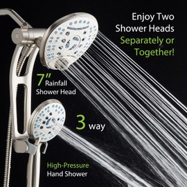Hotel Spa AquaCare As-Seen-On-TV High Pressure Handheld/Rain 80-mode 3-way Shower Head Combo with Adjustable Arm - Anti-clog Nozzles, Tub & Pet Power Wash, 6 ft. Stainless Steel Hose, Nickel Finish