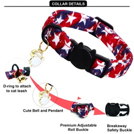 Lionheart glory American Flag Cat Collar Breakaway with Bell & Pendant Blue 4 of July Kitten Collars Soft Adjustable Safety 2 Pack Cat Collars for Cats Pet Gift Cute Patriotic Collars Summer Spring