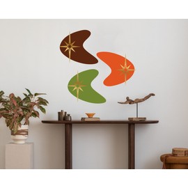 Mid-Century Set of 3 Modern Boomerangs with Stars Wall Decals | 70's Retro Boomerang Pattern Wall Decals | Retro Abstract Wall Decals | 17" x 22" Peel and Stick Wall Decor