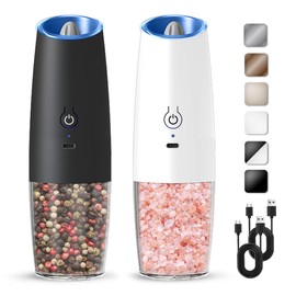 KIARYUOLL Rechargeable Electric Salt And Pepper Grinder Set, Automatic Gravity Electric Salt And Pepper Grinder Set, Adjustable Roughness, Led Light, 2 Pack, (Black+White)