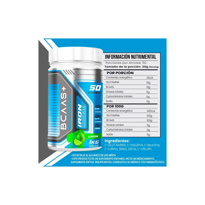 Aminoácidos Bcaas Glutamina Iron Fit 1kg Cu 2 Piezas