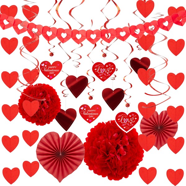 JOYIN Valentine Day Decoration Kit with 1 Heart Shaped Garland 2 Tissue Fans 2 Tissue Poms 6 Heart String Decorations 8 Double Swirls and 4 Foil Cutouts Swirls and 4 Cardstock Cutouts Swirls
