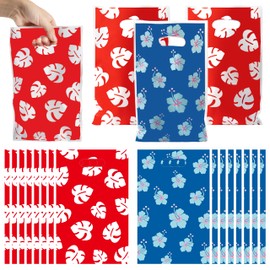 50Pcs Cute Cartoon Pink Blue Hawaii Party Favor Bag Candy Treat Bags Print Flower Patterns with Handles Plastic Snack Gifts Pouch for Boys Girls Kids Birthday Baby Shower Holiday Event Favor Supplies