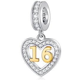 10 to 21 22 23 24 25 28 30 33 35 40 45 50 55 60 65 70 75 80 Birthday Charms, Fits European Anniversary Bracelet/Necklace, Golden Number 925 Sterling Silver Heart Pendant with CZ for Women/Men, Cubic
