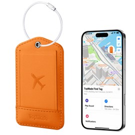 TopMade Smart Luggage Tag with Apple Find My, Premium Leather Luggage Tags for Suitcase, Travel Bags, Backpacks, Anti-Lost Suitcase Tag Tracker for Travel with Privacy Name Card, Rechargeable, Orange