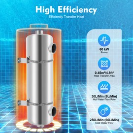 Jiabailie 200KBTU Swimming Pool Heat Exchanger,Pool Heat Exchanger 304 Stainless Steel Shell 1"+1 1/2" FPT,Heat Transfer Area 4.8 Square feet for Swimming Pools,Hot Tubs,Solar