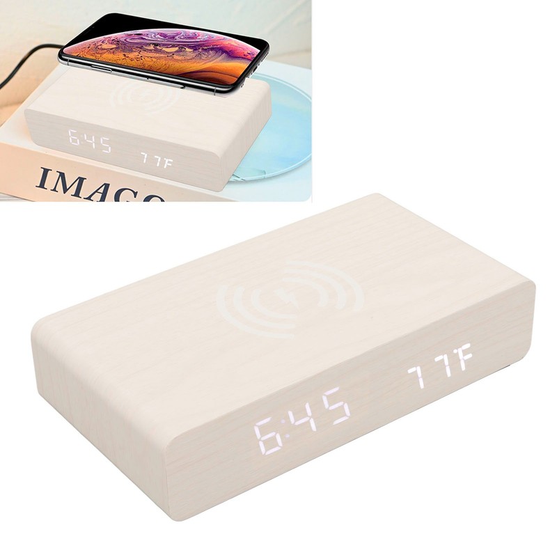 Wooden Digital Clock Wireless Charging Function 3 Brightness Electric Alarm