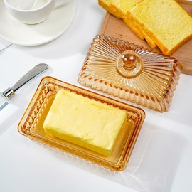 Champagne Vintage Glass Butter Dish with Lid for Countertop, Glass Butter Dish with Cover and Long Handle for Refrigerator, Cute Crystal Covered Butter Holder Tray