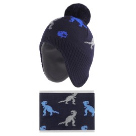 LACOFIA Baby Boys Winter Hat and Collar Scarf Set Knit Toddler Earflaps Beanie Kids Warm Fleece Lining Hat with Pompom, 2 Pack Navyblue Dinosaur 6-12 Months S