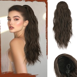 Sofeiyan Ponytail Hairpiece with Drawstring, Wavy Curly Ponytail Extension, 45 cm, Beach Ponytail Braid Extension, Synthetic Hairpiece for Women, Medium Brown