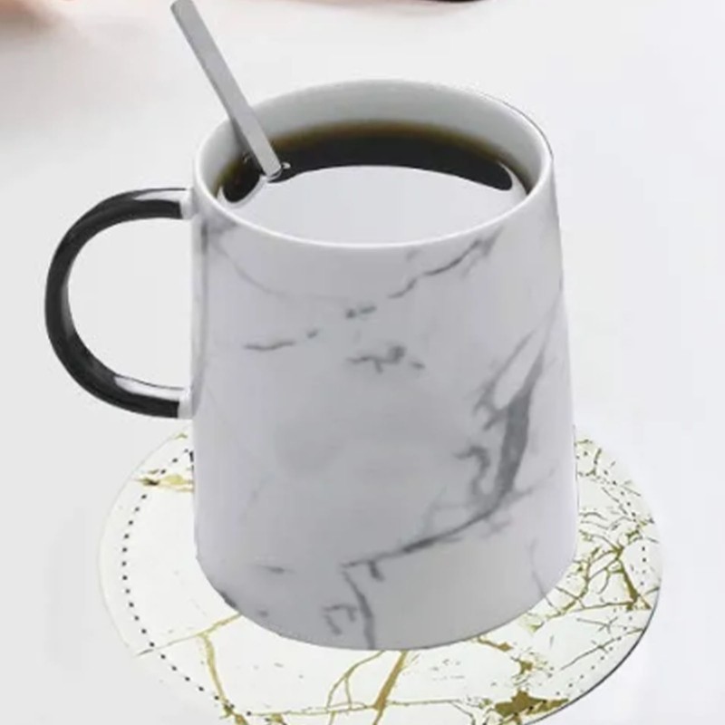 7PCS Drink Coaster Reversible Leather Round Platinum Marble Appearance 10cm