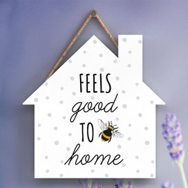 Global Designs Feels Good To Be Home Bee Themed Decorative Wooden House Shaped Hanging Plaque
