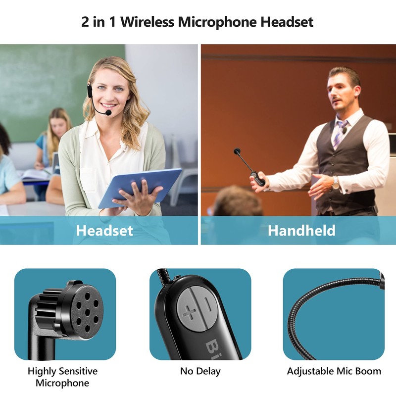 Bietrun Wireless Microphone Headset with 1/4''Plug, 165ft Range, UHF Wireless