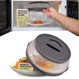 HOVER COVER Magnetic Microwave Splatter Cover with High Power, Strongest Magnetic Grip, Collapsible 12-Inch BPA-Free Food Lid, Vented Plate Guard, Dishwasher Safe, Space-Saving Storage - Gray