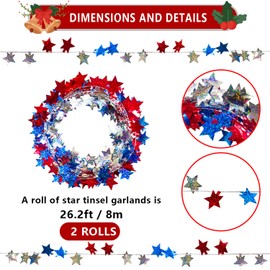 2 Rolls Patriotic Wire Star Garland, Red Blue Silver Star Tinsel Garlands with Wire, Fourth of July Party Decor, Independence Day Birthday Party Festive Ornament