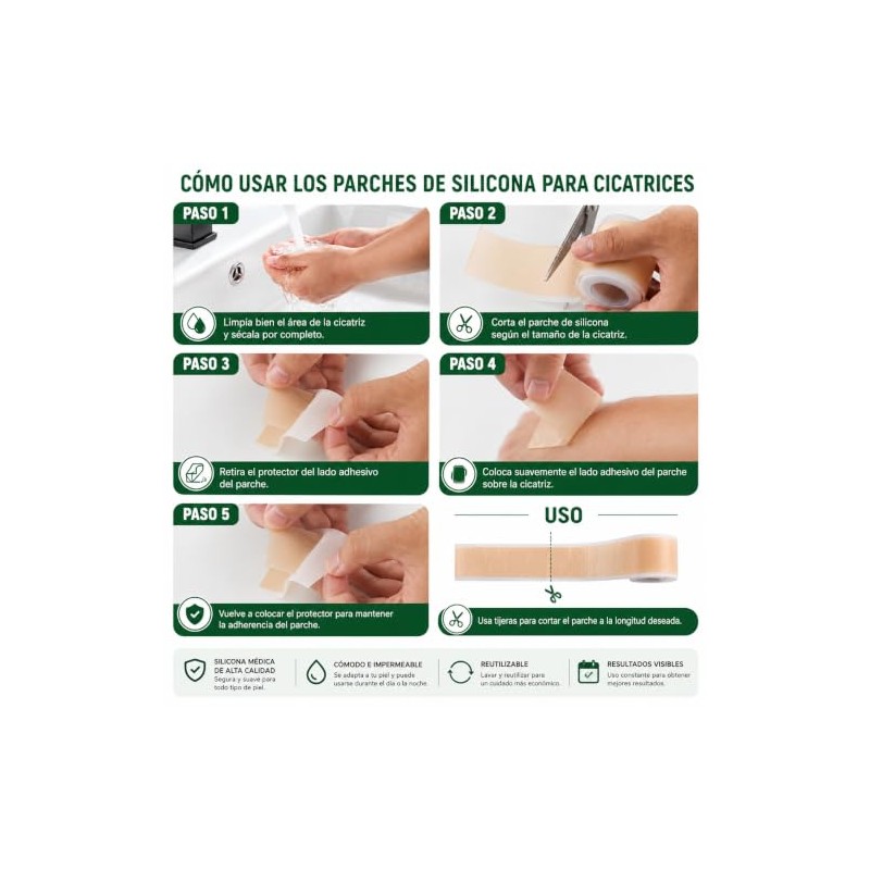 Parches Silicona Cicatrices Rollo Reutilizable Recortable Flexible Cómodo Grado Médico