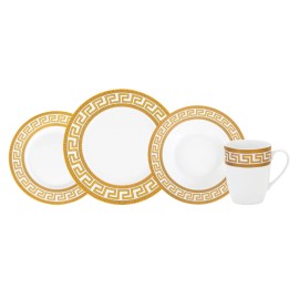 Gifts Plaza Porcelain Dinnerware Set for 1 - White with Gold, 4 Piece Set Greek Key Design